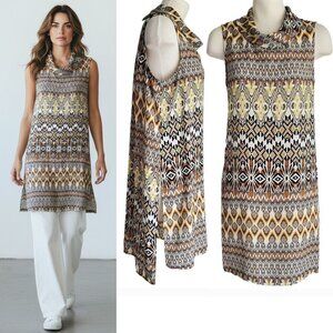 SPENSE Retro Printed Longline Tunic High Low Hem with Deep Vents Size L